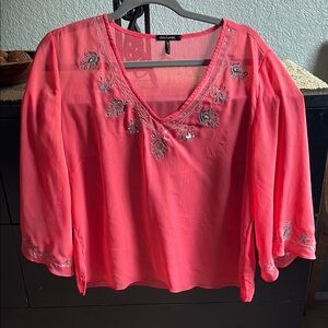 Daisy Fuentes Orange Embellished semi-sheer Blouse